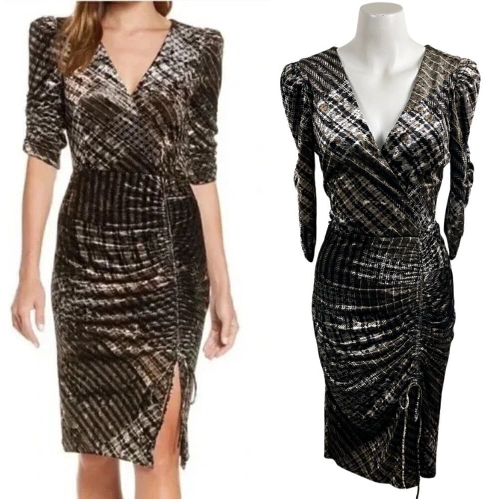 Eliza J Size 6 Velvet Animal Print Puff Sleeve Ruched Party Wedding Midi Dress